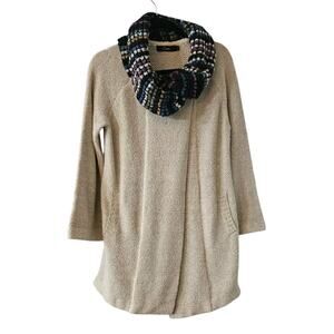 Curio Womens LARGE Sweater Jacket OVERSIZED COLLAR Tan Lagenlook Pockets